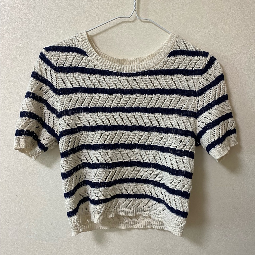 Aerie Blue and White fitted short sleeve sweater - natural